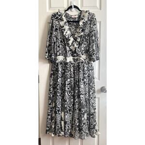 ASSORTI FOR SUSAN FREIS Vtg 80s Floral Georgette Smocked Waist Midi Dress L/XL